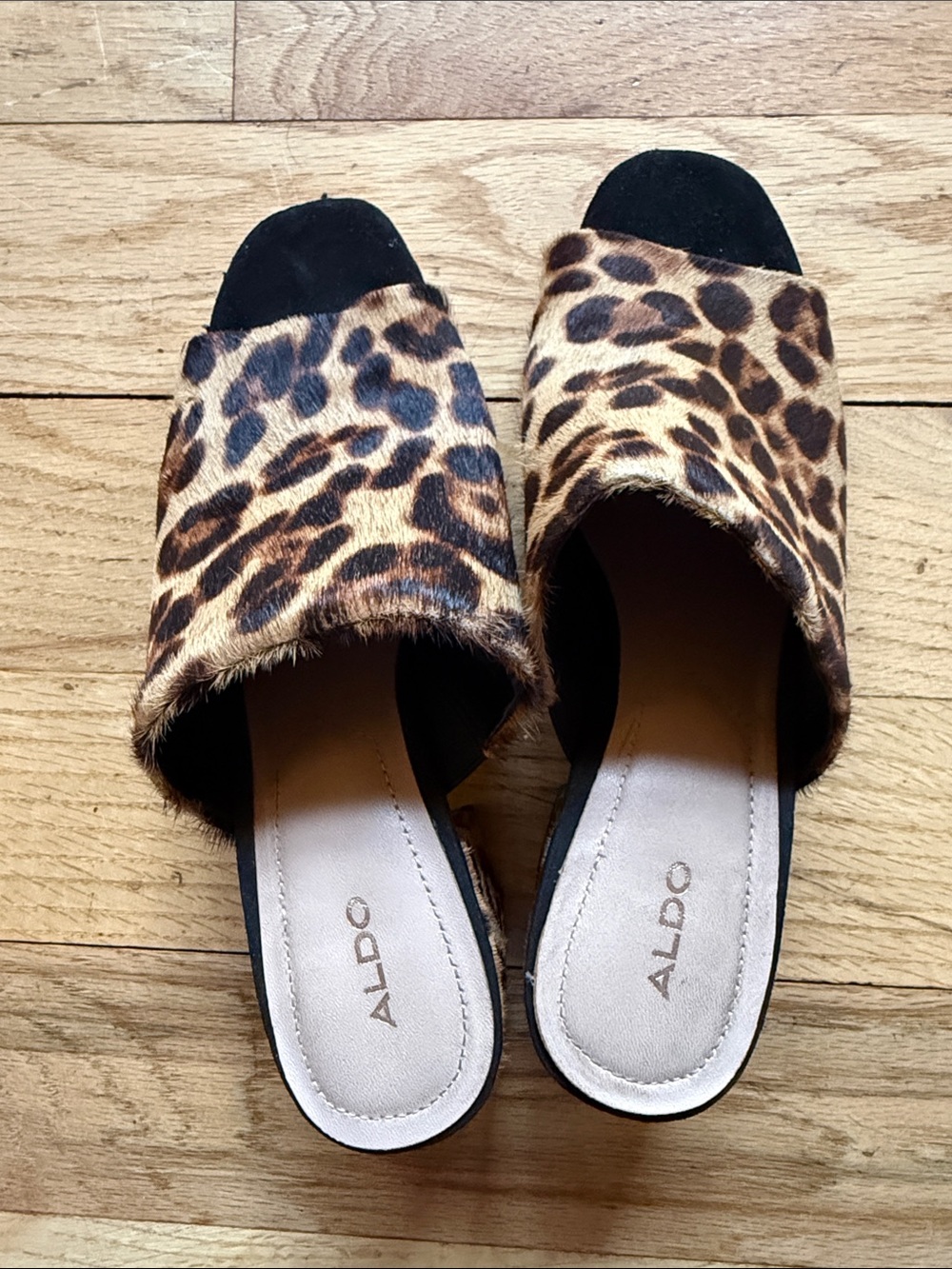 Aldo Leopard Print Open-Toe Slide Mules in Brown/Black